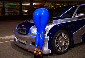 bmw, model, bend over, babe, sexy, blue spandex, black jacket