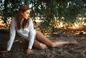 women, white bodysuit, hips, redhead, women outdoors, closed eyes, , trees, model, , legs