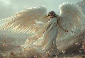 ĳ-, , , , Angel girl, flowers, wings, fantasy