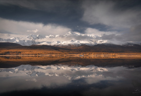 nature, reflection, sky, clouds, mountains, hills, snowy mountains, landscape, lake, water, 