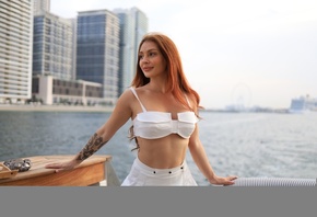 Lelka Serdyukova, white tops, women outdoors, tattoo, sky, redhead, boat, sailboats, miniskirt, women, white skirt, , looking away, standing, sea, model, pink nails