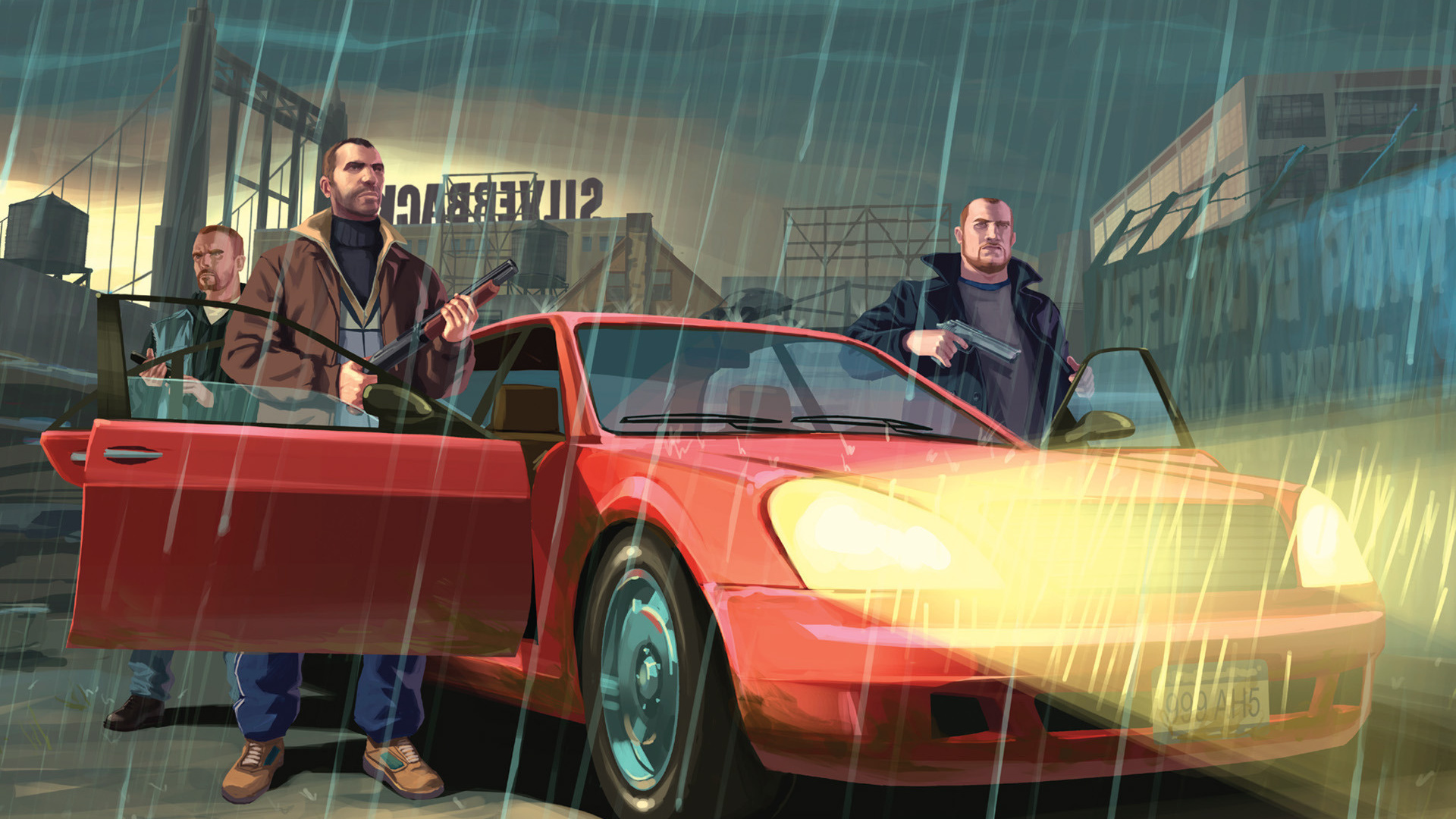 Картинки grand theft auto 4, машины, дождь, gta - обои 1920x1080, картинка  №5023