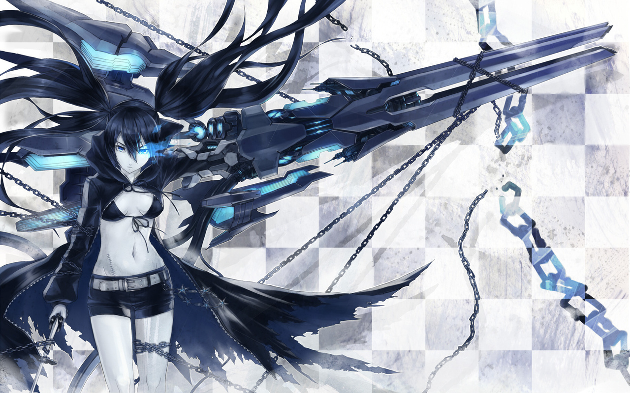 Картинки девушка, цепи, синий, меч, оружие, клетка, шрам, black rock  shooter - обои 1280x800, картинка №7515