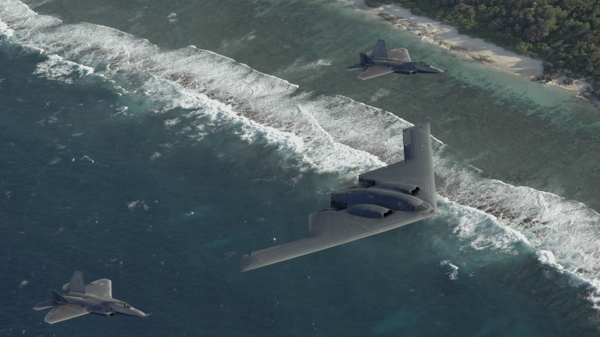 Two f22, b-2, pacific ocean