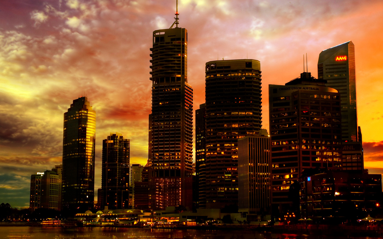 , city lights, wallpaper, skyscraper, sunset city, Methevas, , australia