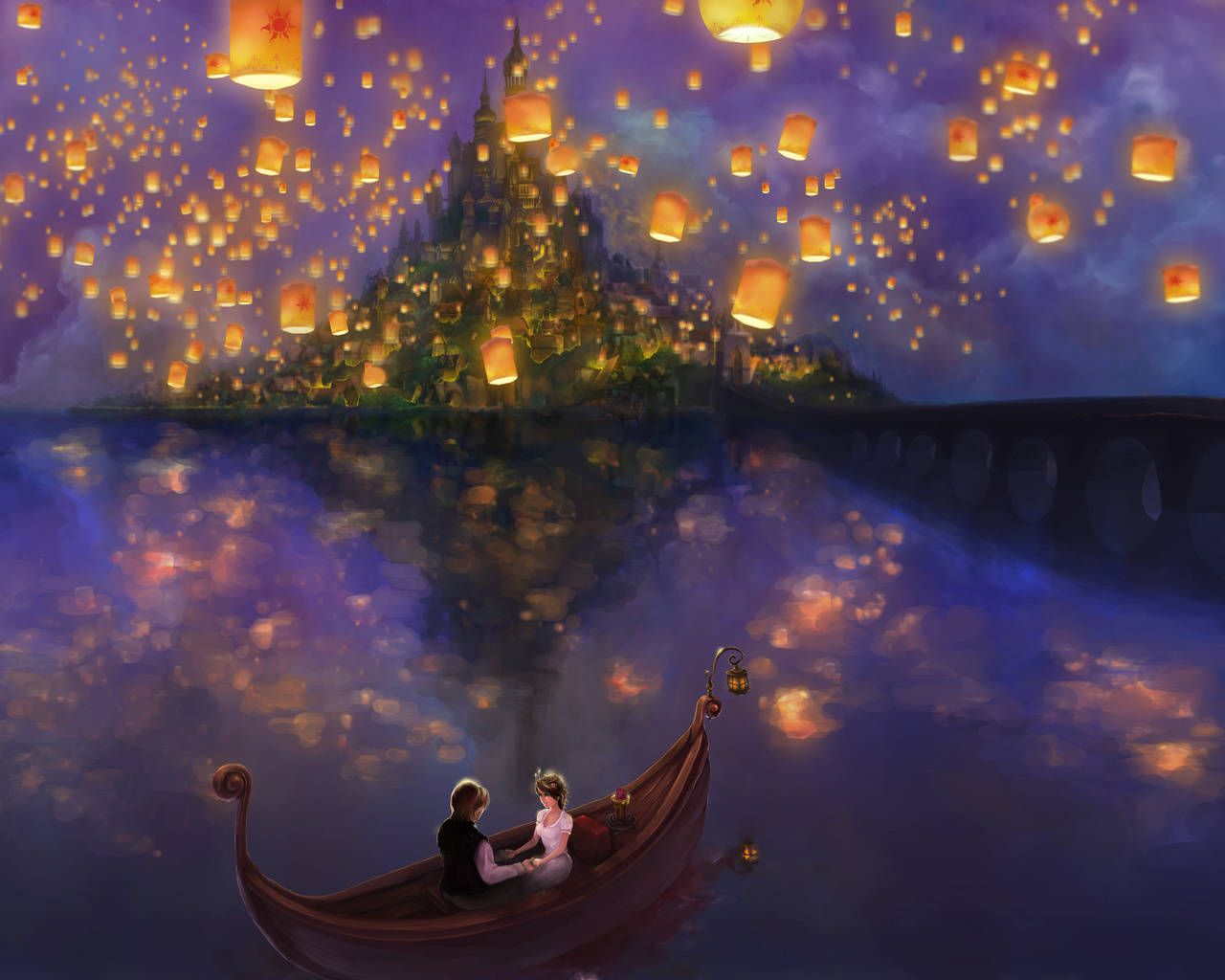 lights, the movie, fanart, princess, boat, Tangled, castle, bridge, rapunzel, lake, flynn, love