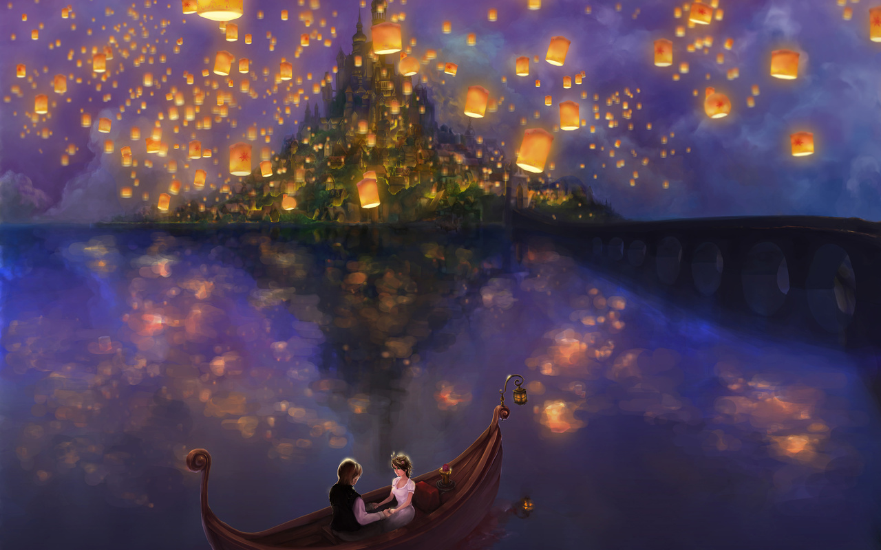 lights, the movie, fanart, princess, boat, Tangled, castle, bridge, rapunzel, lake, flynn, love