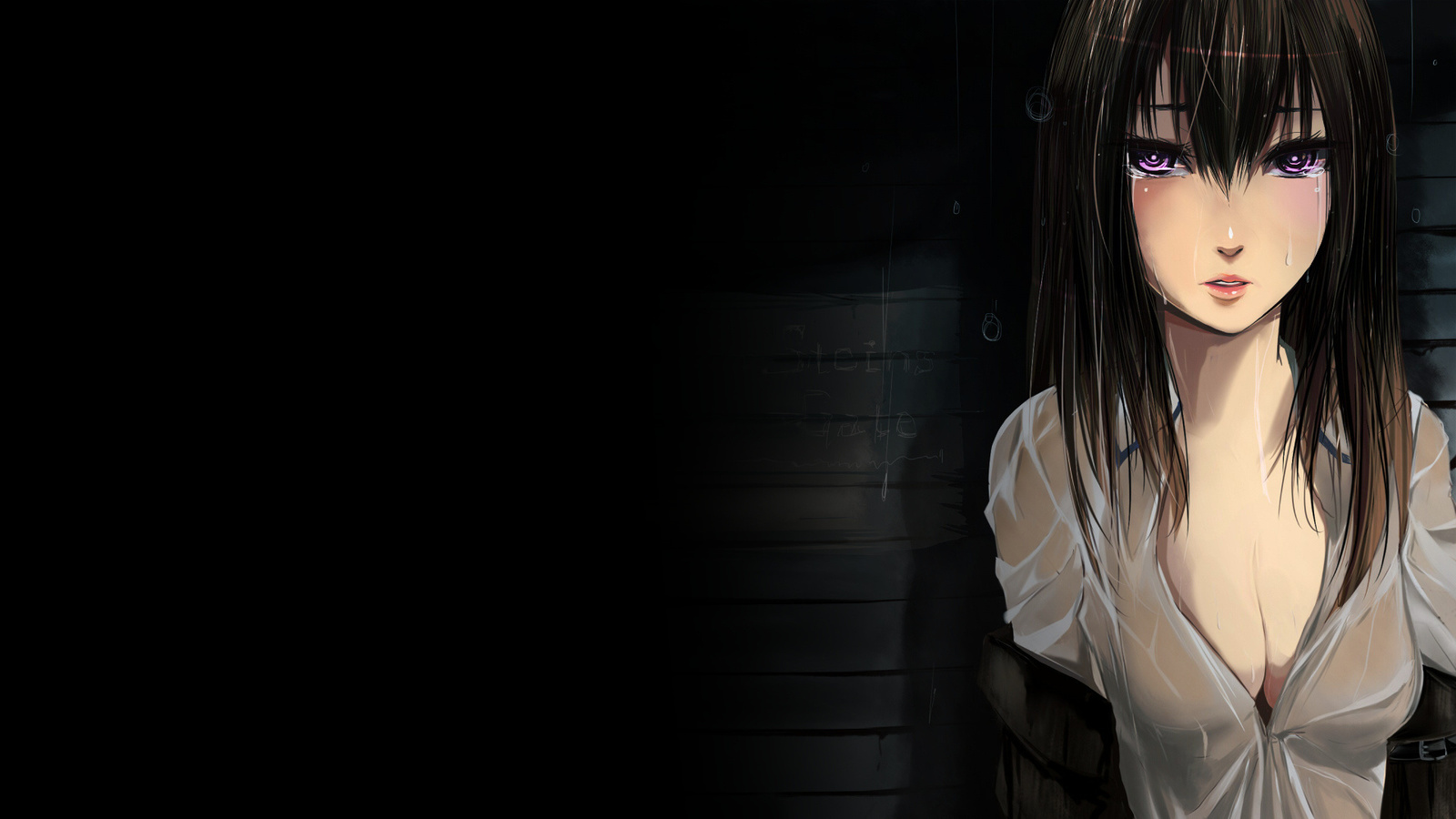 Картинки makise kurisu, Steins gate, девушка, дождь, рубашка, мокрая, слезы  - обои 1600x900, картинка №21059