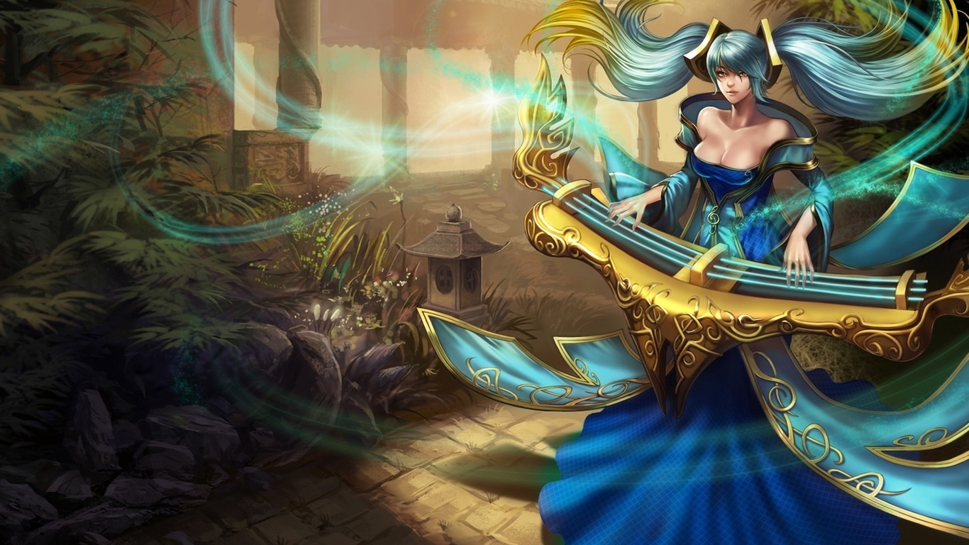 Картинки League of legends, магия, девушка, сад, музыкальный инструмент,  sona - обои 1366x768, картинка №22942