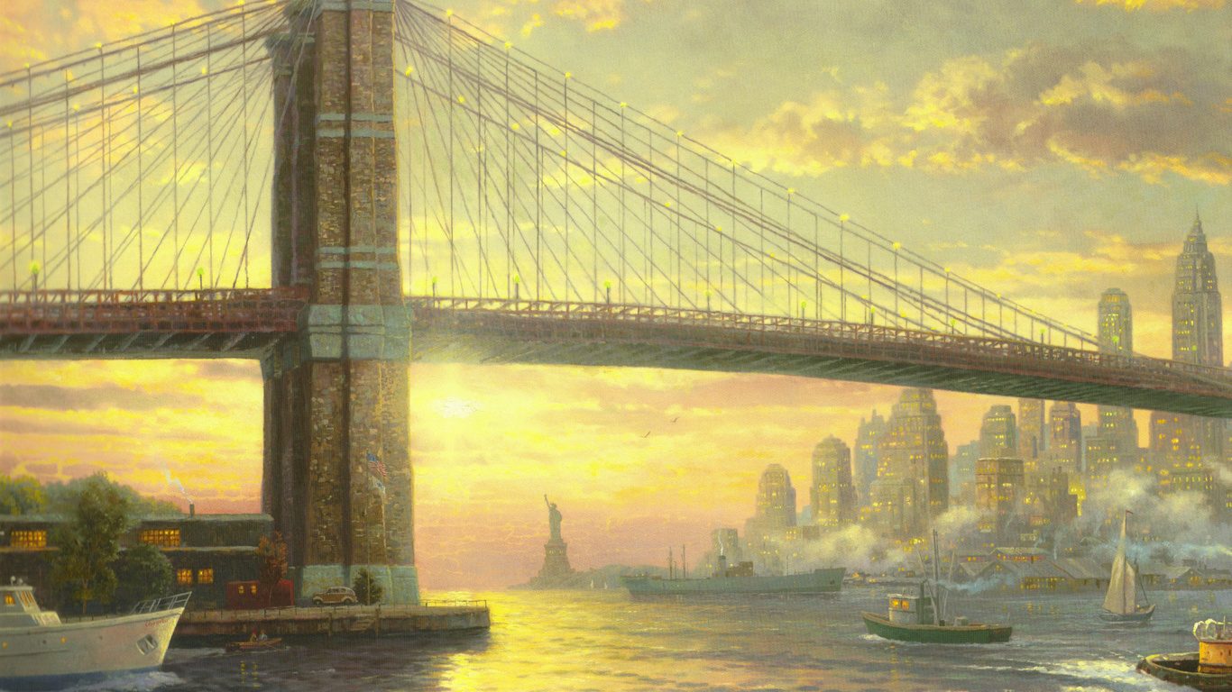 The spirit of new york, new york, bridge, thomas kinkade, usa, flag, city, painting