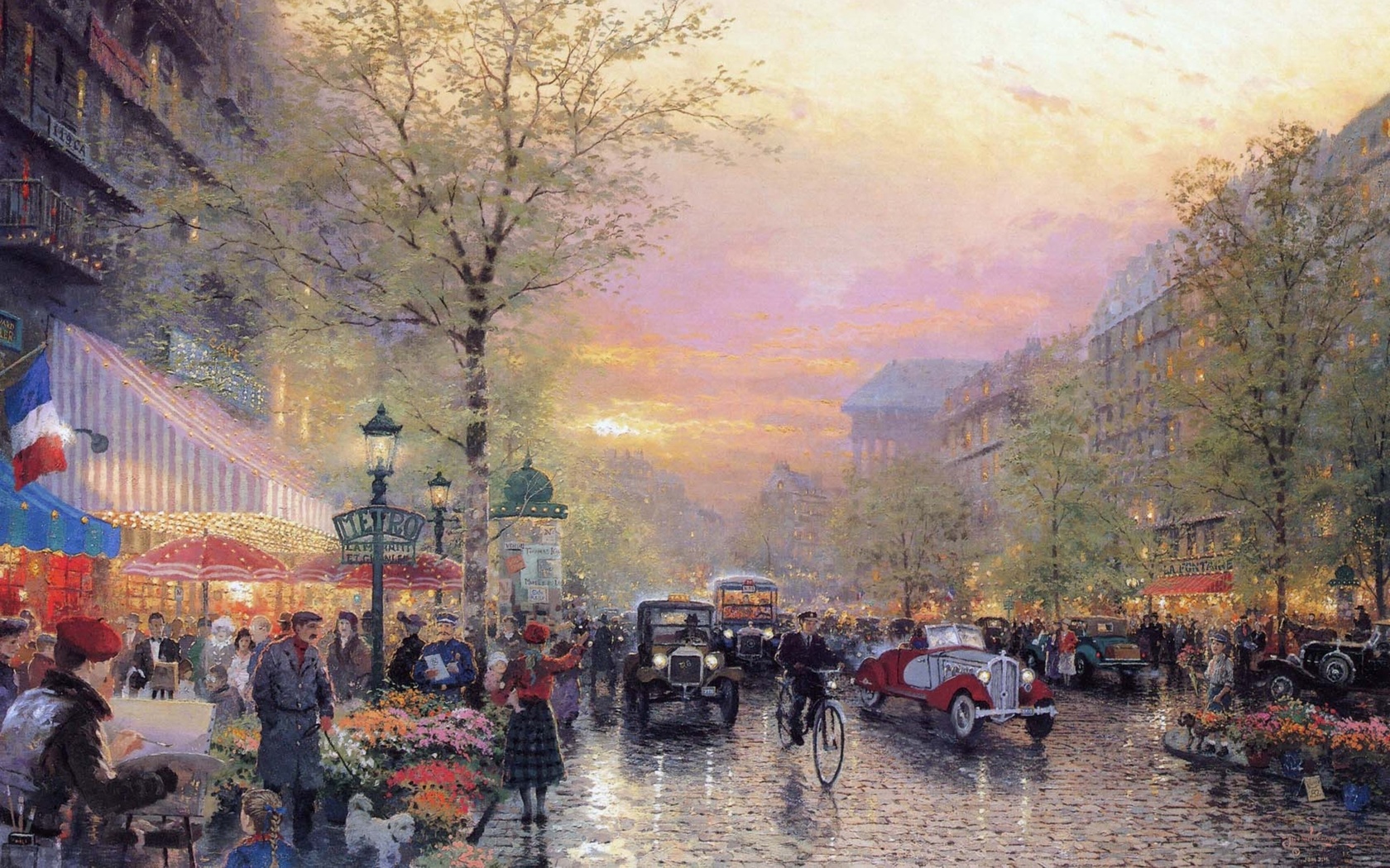 france, art, thomas kinkade, city of lights, Paris, le boulevard des lumieres at dusk, painting