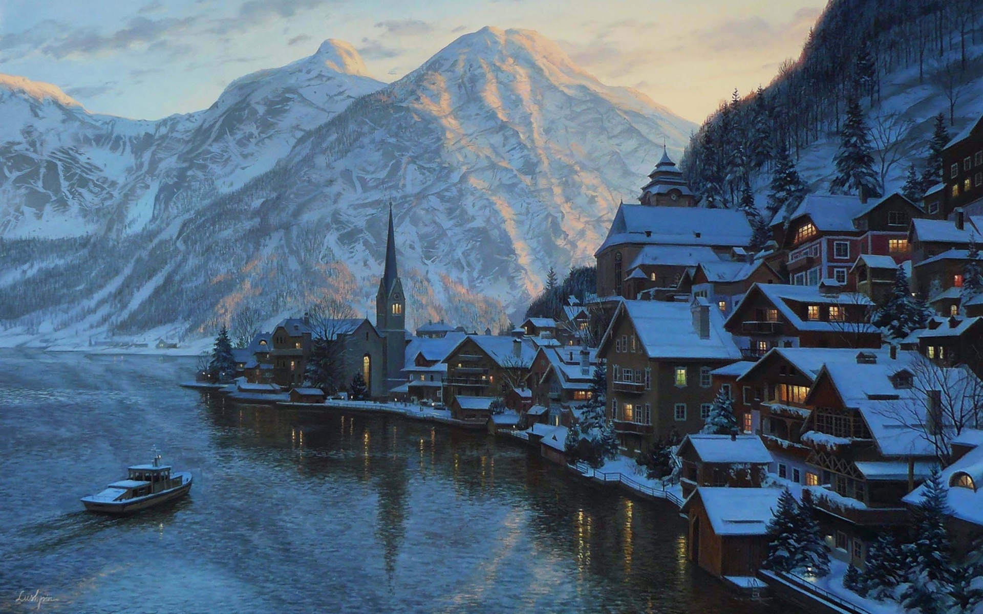 mountain, Eugeny lushpin, lushpin, painting, lake, austria, alps, village, town, hallstatt