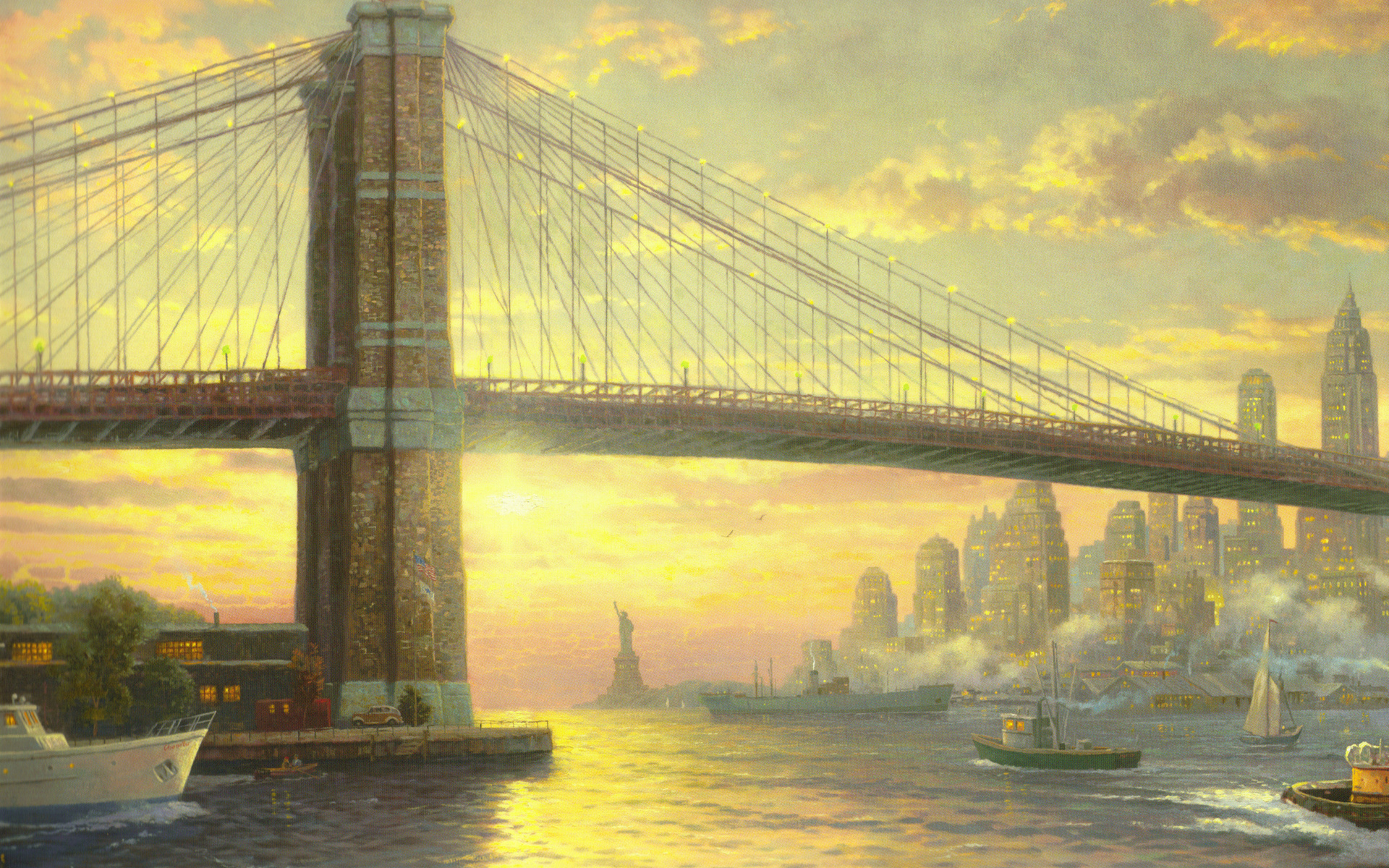 The spirit of new york, new york, bridge, thomas kinkade, usa, flag, city, painting