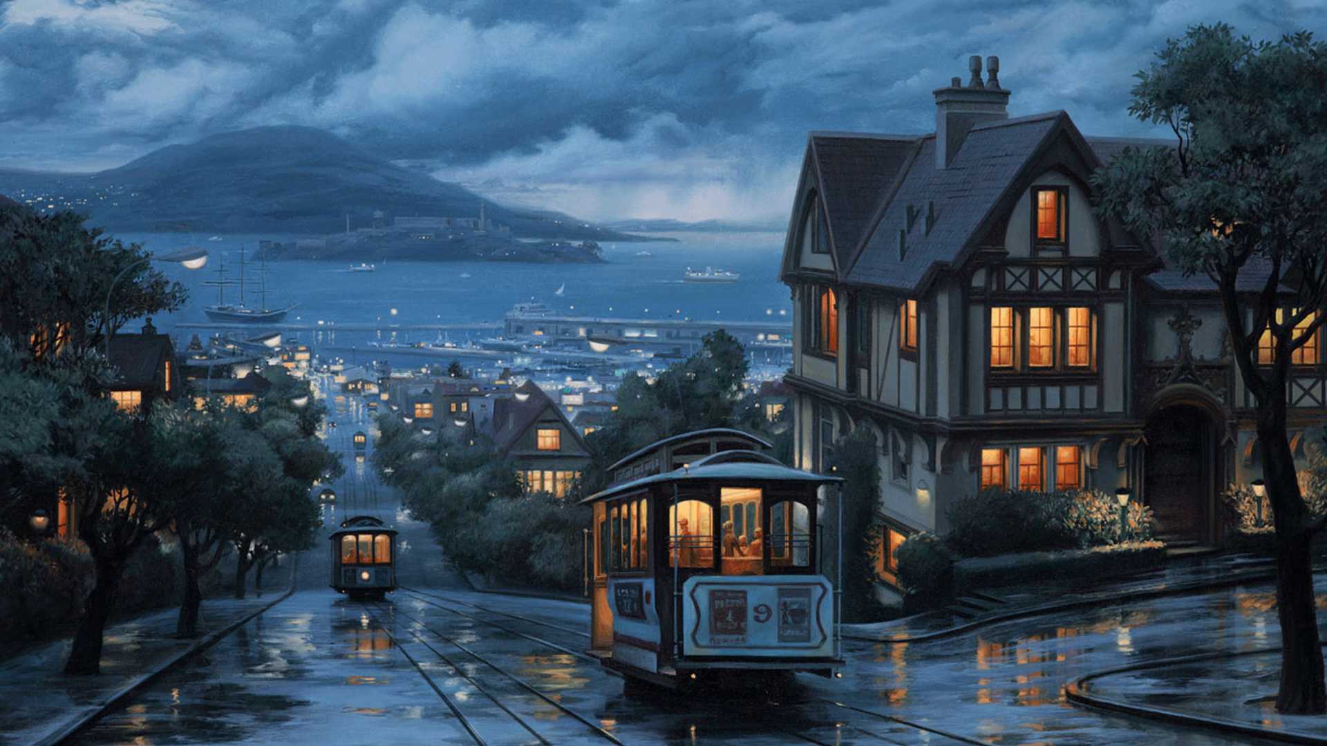 landscape, An evening journey, street, city, painting, evening, eugeny lushpin, lushpin, port