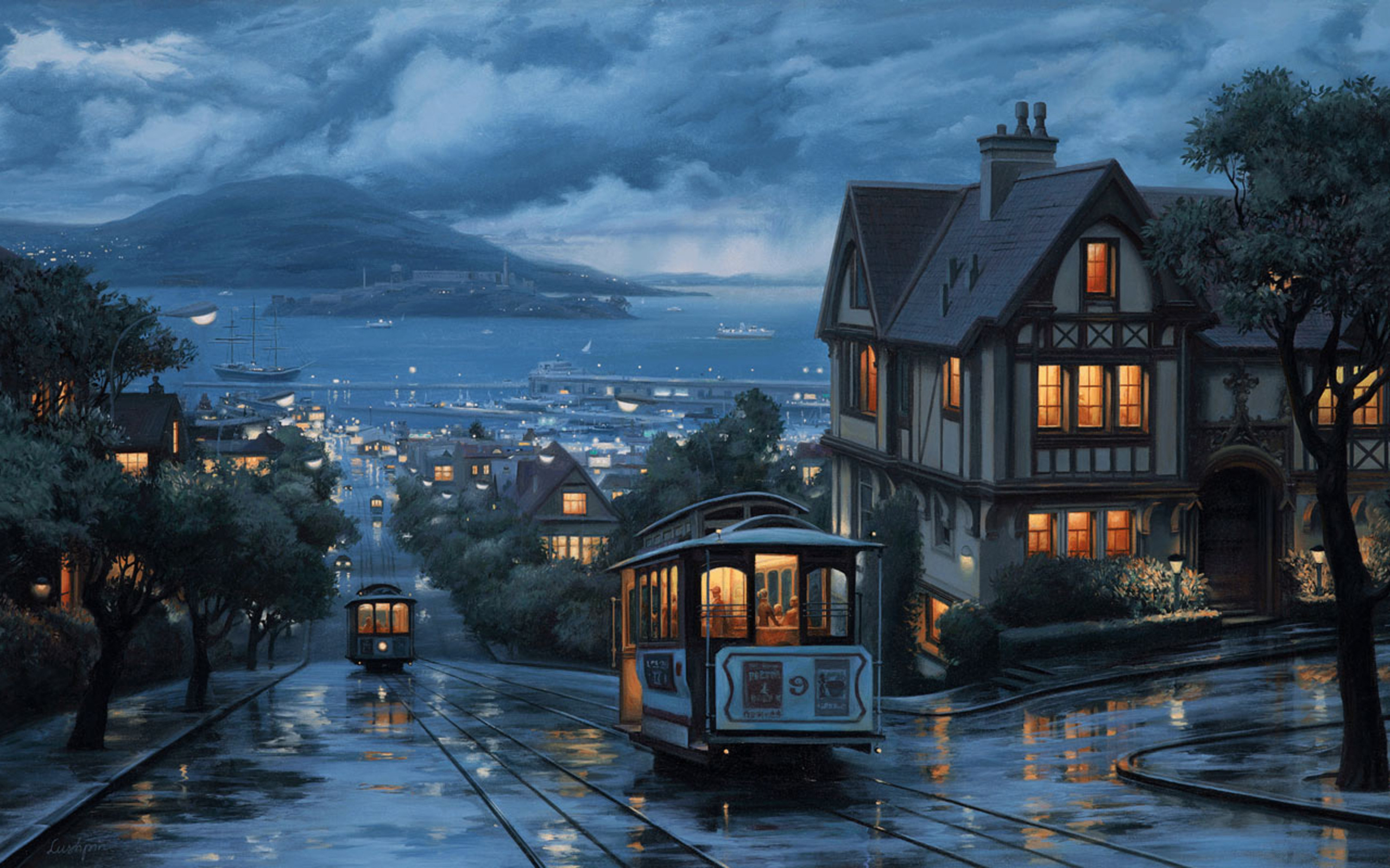 landscape, An evening journey, street, city, painting, evening, eugeny lushpin, lushpin, port