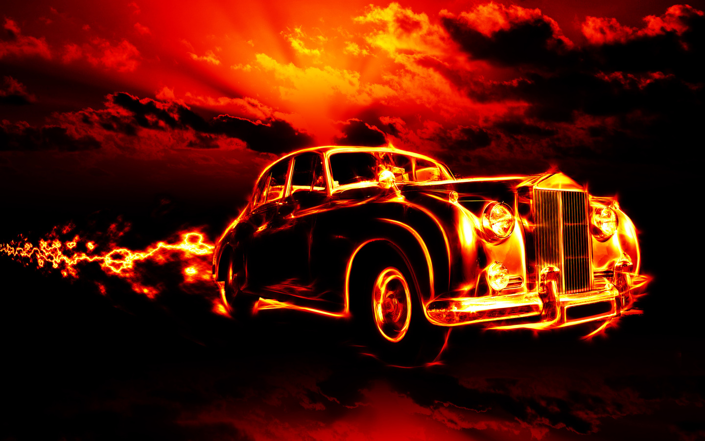 classic, car, clouds, fire, flame, horror, red sky, hell, city