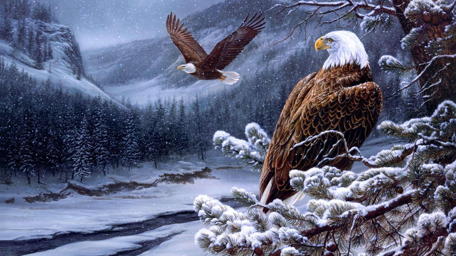 river, painting, eagles, Rosemary milette, spirit of the wild-bald eagles, winter, 