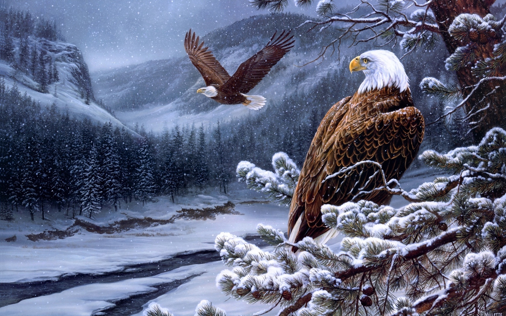 river, painting, eagles, Rosemary milette, spirit of the wild-bald eagles, winter, 