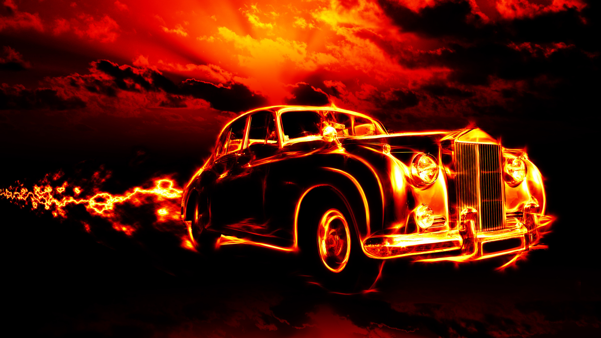 classic, car, clouds, fire, flame, horror, red sky, hell, city