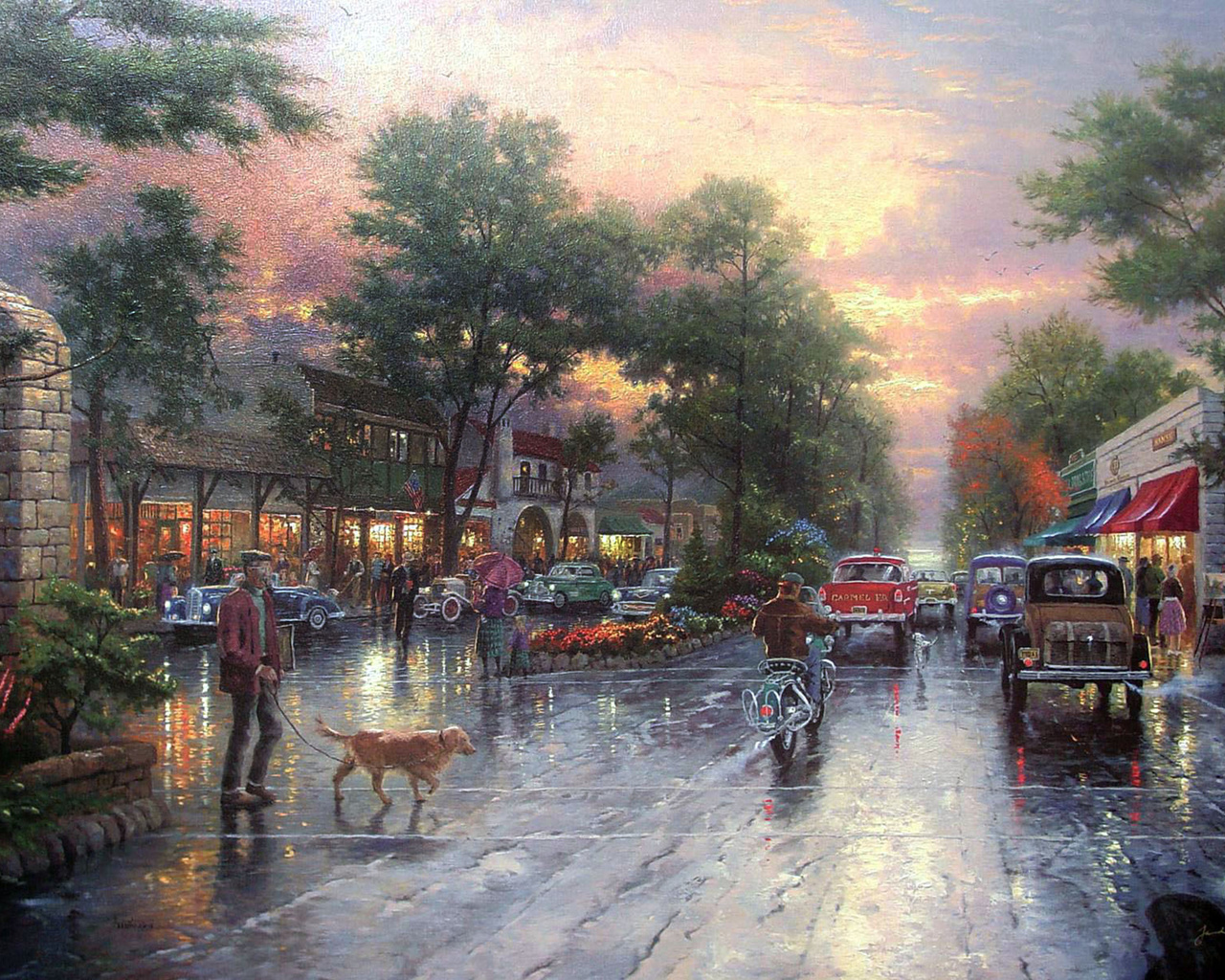 painting, houses, carmel sunset on ocean avenue, avenue, city, Thomas kinkade, cars, town, kinkade