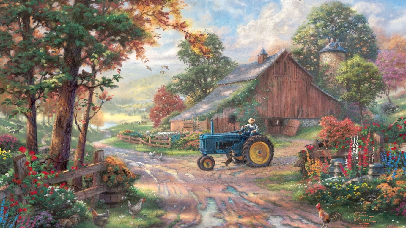 animals, Summer heritage, dog, barn, painting, summer, thomas kinkade, tractor, kinkade, farm, man