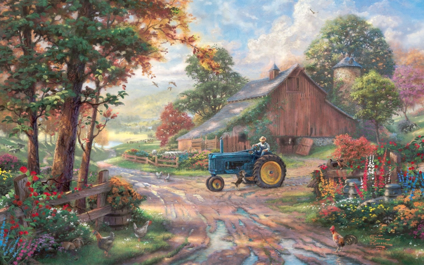 animals, Summer heritage, dog, barn, painting, summer, thomas kinkade, tractor, kinkade, farm, man