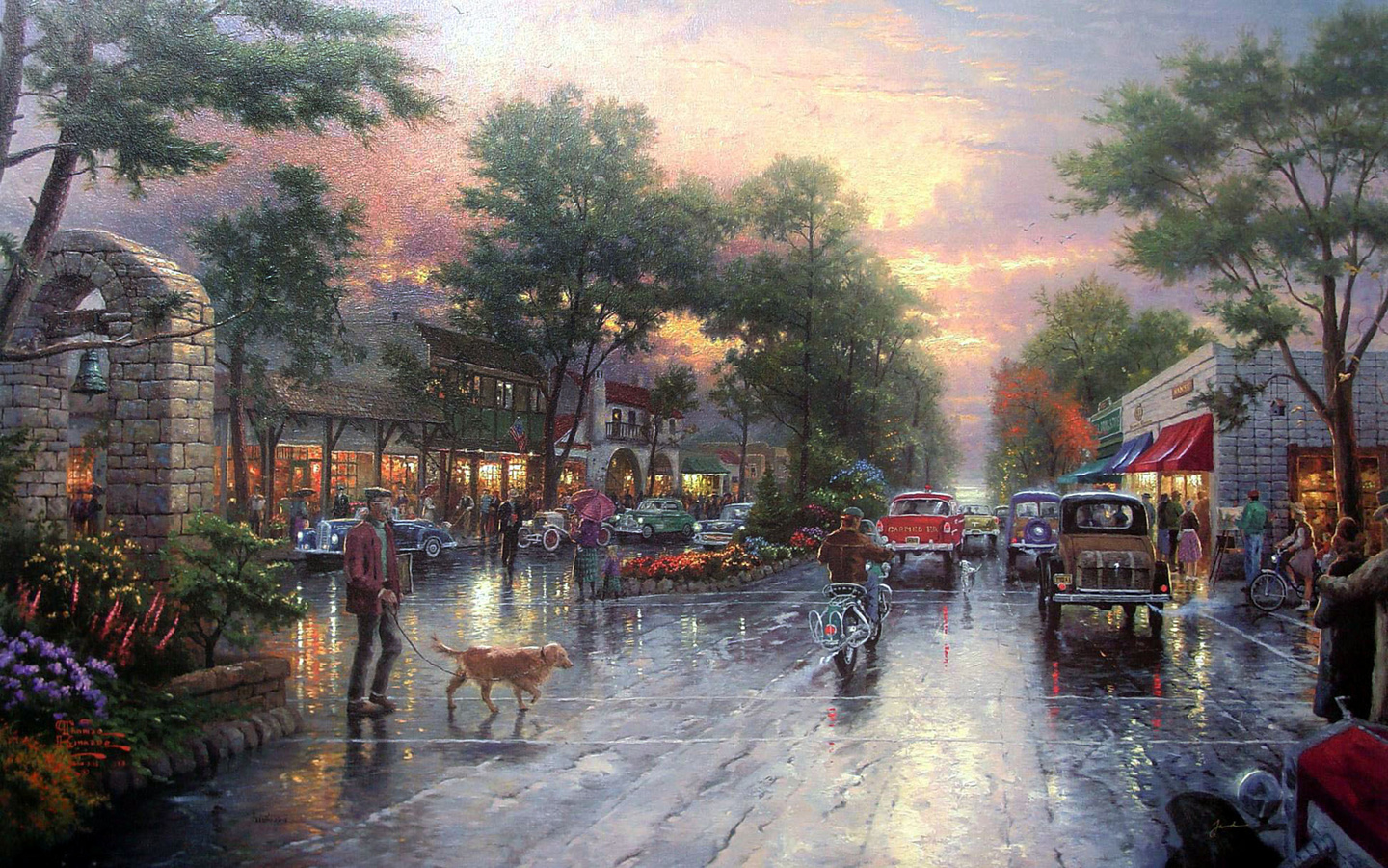 painting, houses, carmel sunset on ocean avenue, avenue, city, Thomas kinkade, cars, town, kinkade