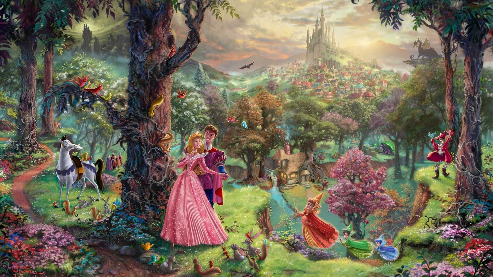 animated film, art, walt disney, Sleeping beauty, thomas kinkade, painting