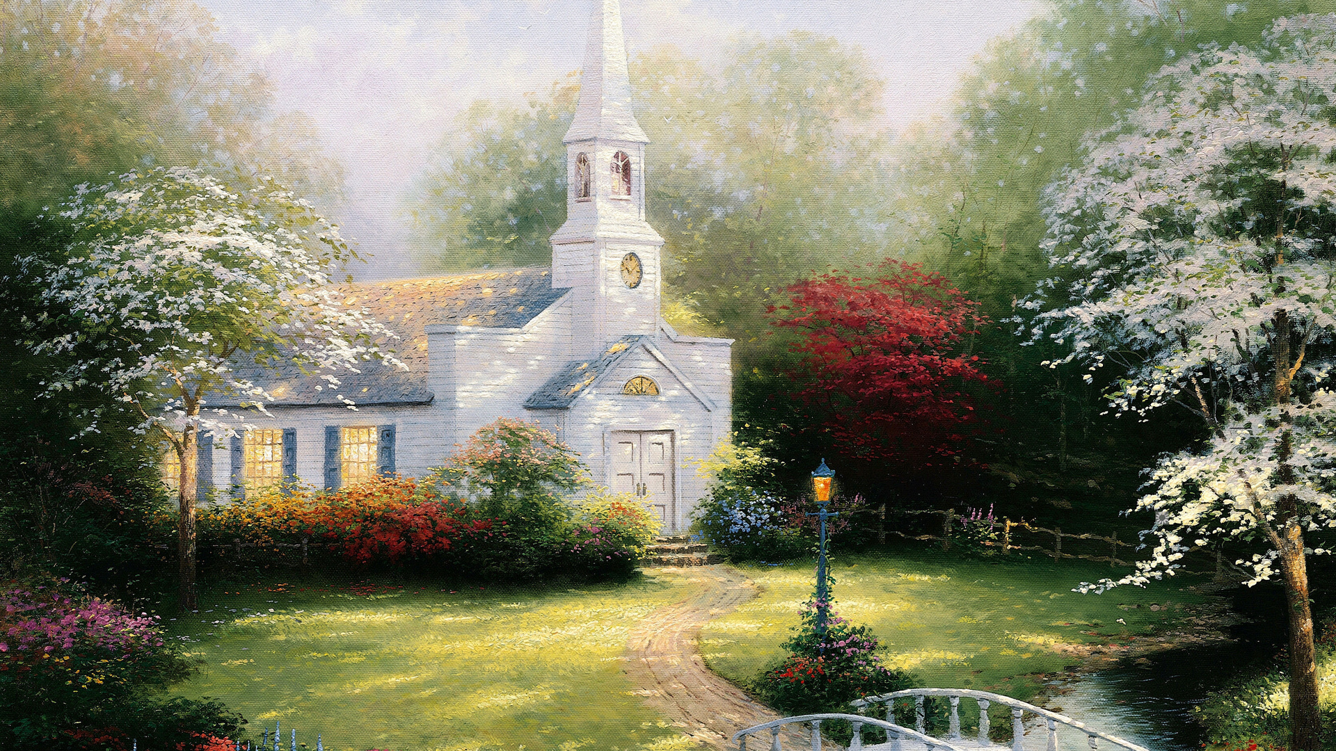 chapel,  , lamp, paintig, Hometown chapel, bridge, thomas kinkade