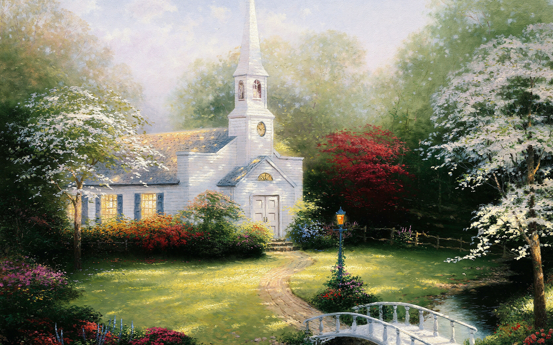 chapel,  , lamp, paintig, Hometown chapel, bridge, thomas kinkade