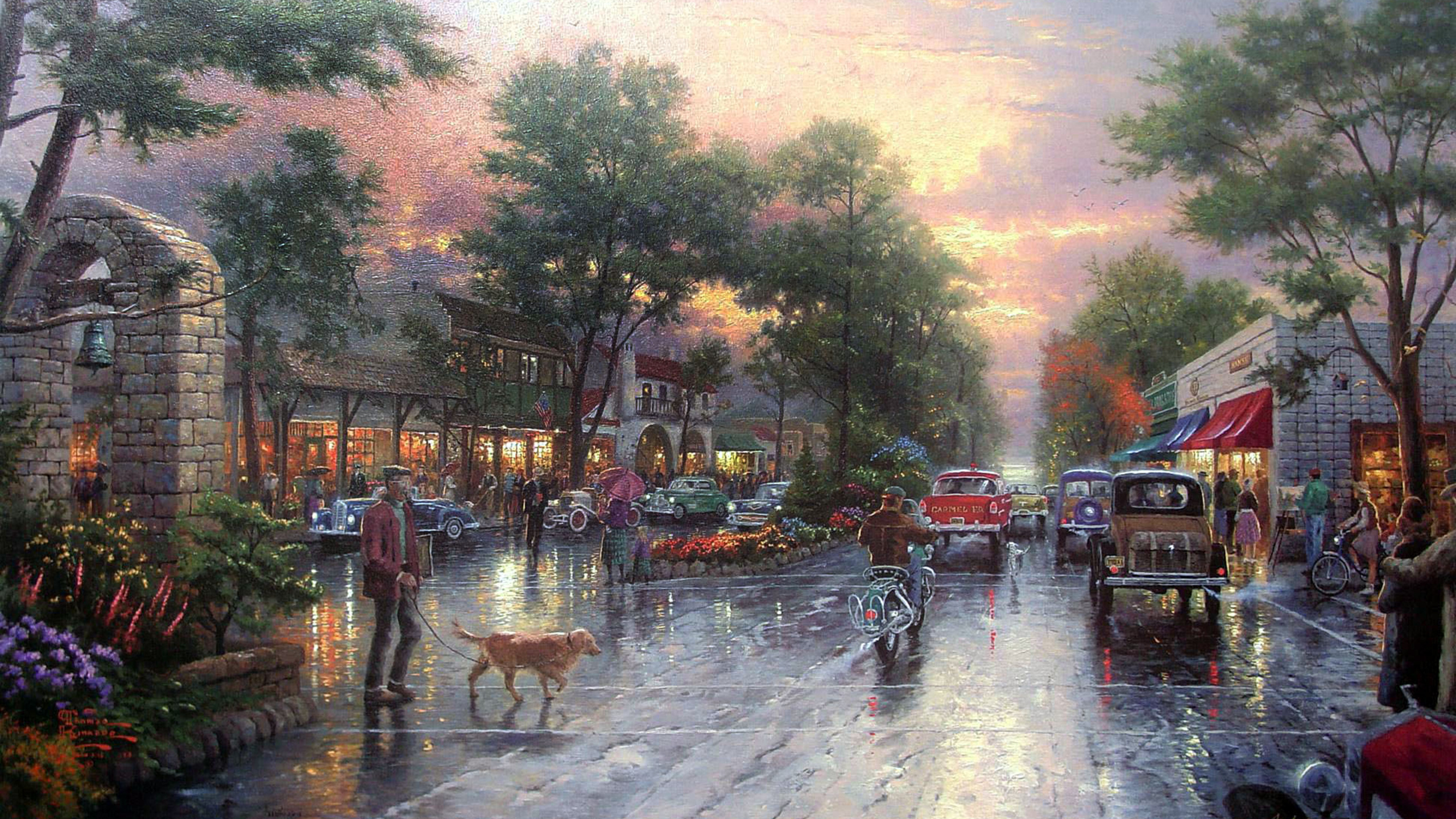 painting, houses, carmel sunset on ocean avenue, avenue, city, Thomas kinkade, cars, town, kinkade