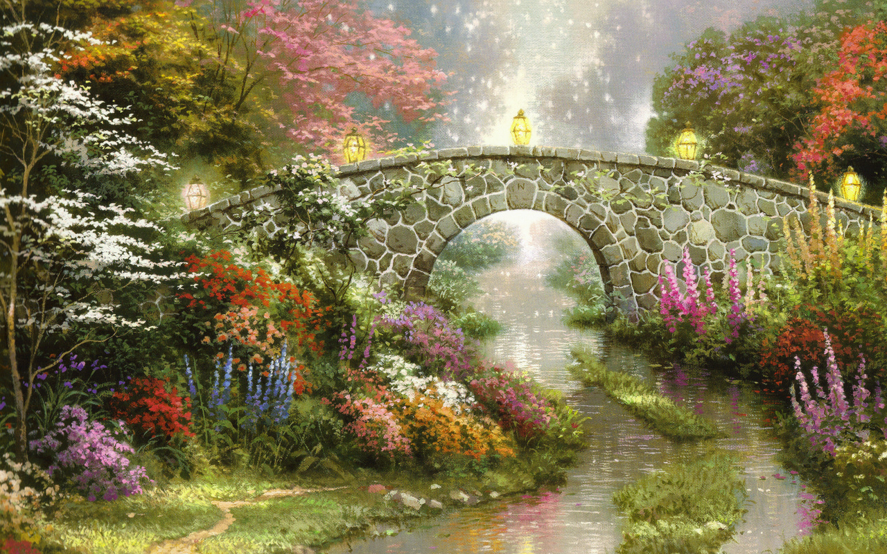 Stillwater bridge, beautiful, magic, thomas kinkade, lamps, bridge, painting, flowers, nature