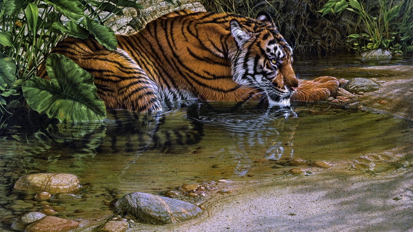 lee kromschroeder, painting, jungle, tiger river, tiger, thirsty