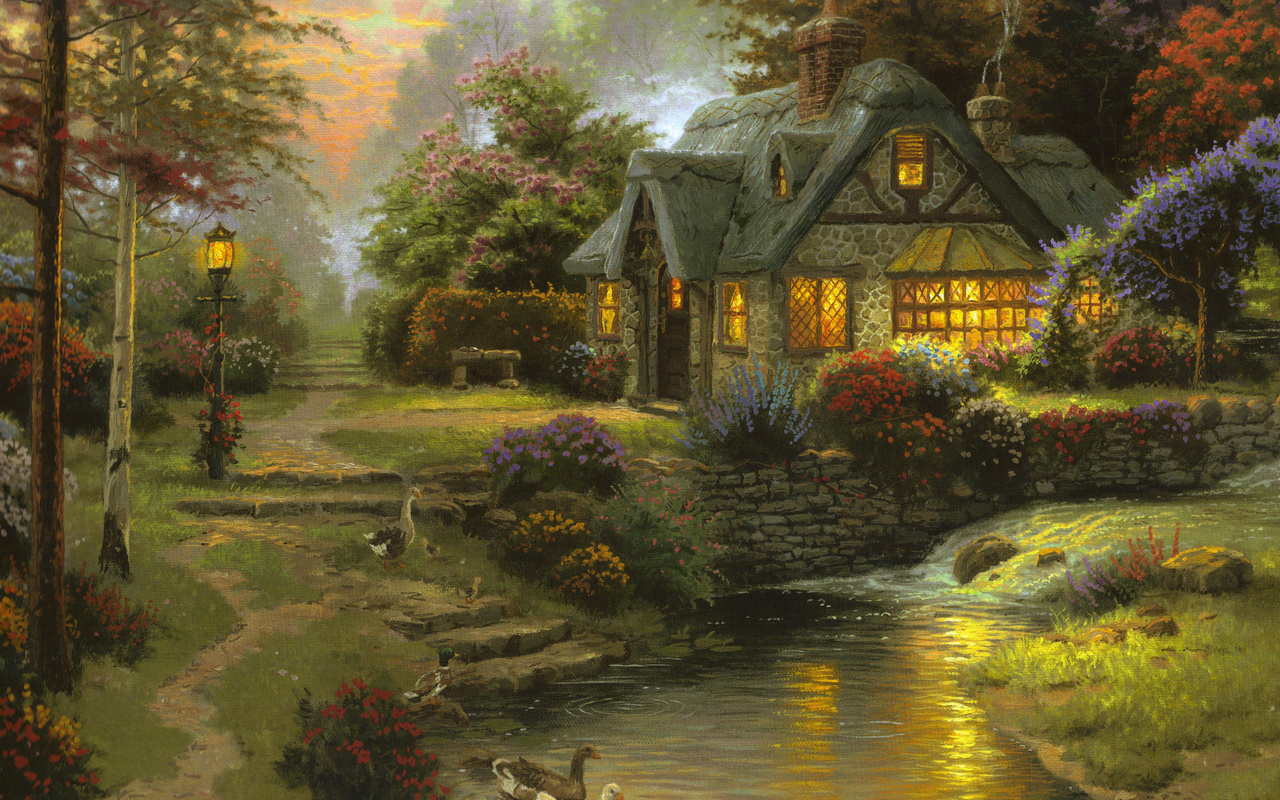  , painting, art, cottage, thomas kinkade, Stillwater cottage