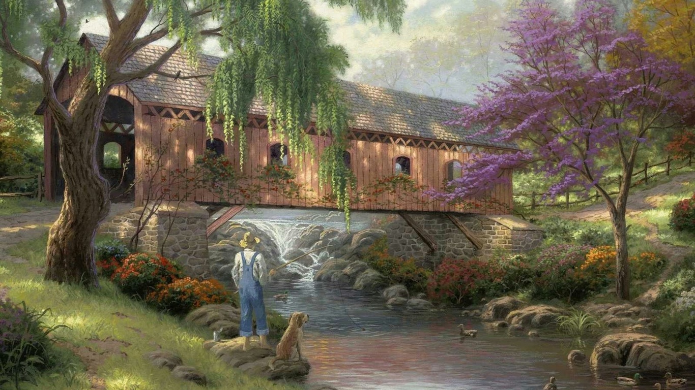 art, Old fishin hole, thomas kinkade, painting, nature, bridge, fisherman, duck, river