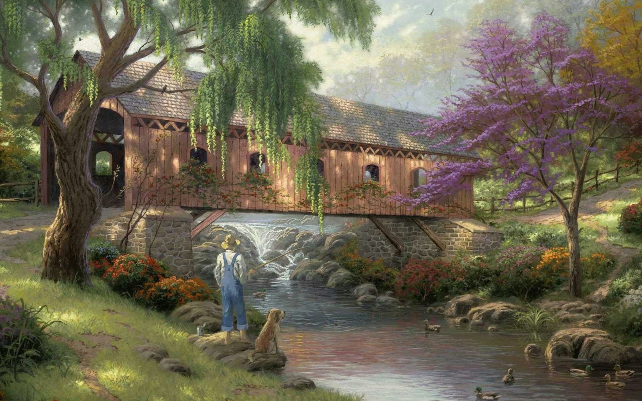 art, Old fishin hole, thomas kinkade, painting, nature, bridge, fisherman, duck, river