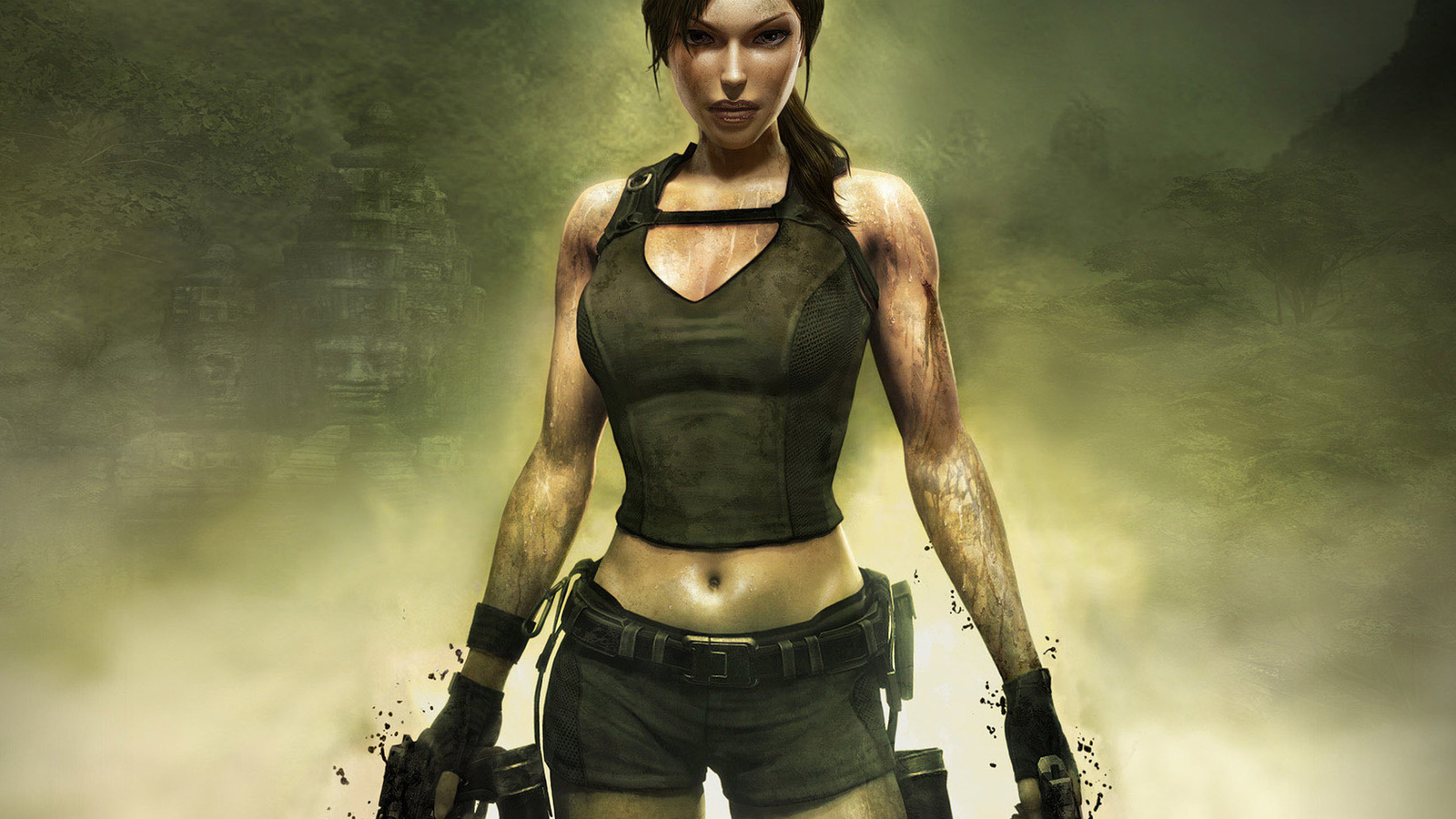 lara croft, girl, ruins, weapons, guns, tomb raider, jungle, legend, 