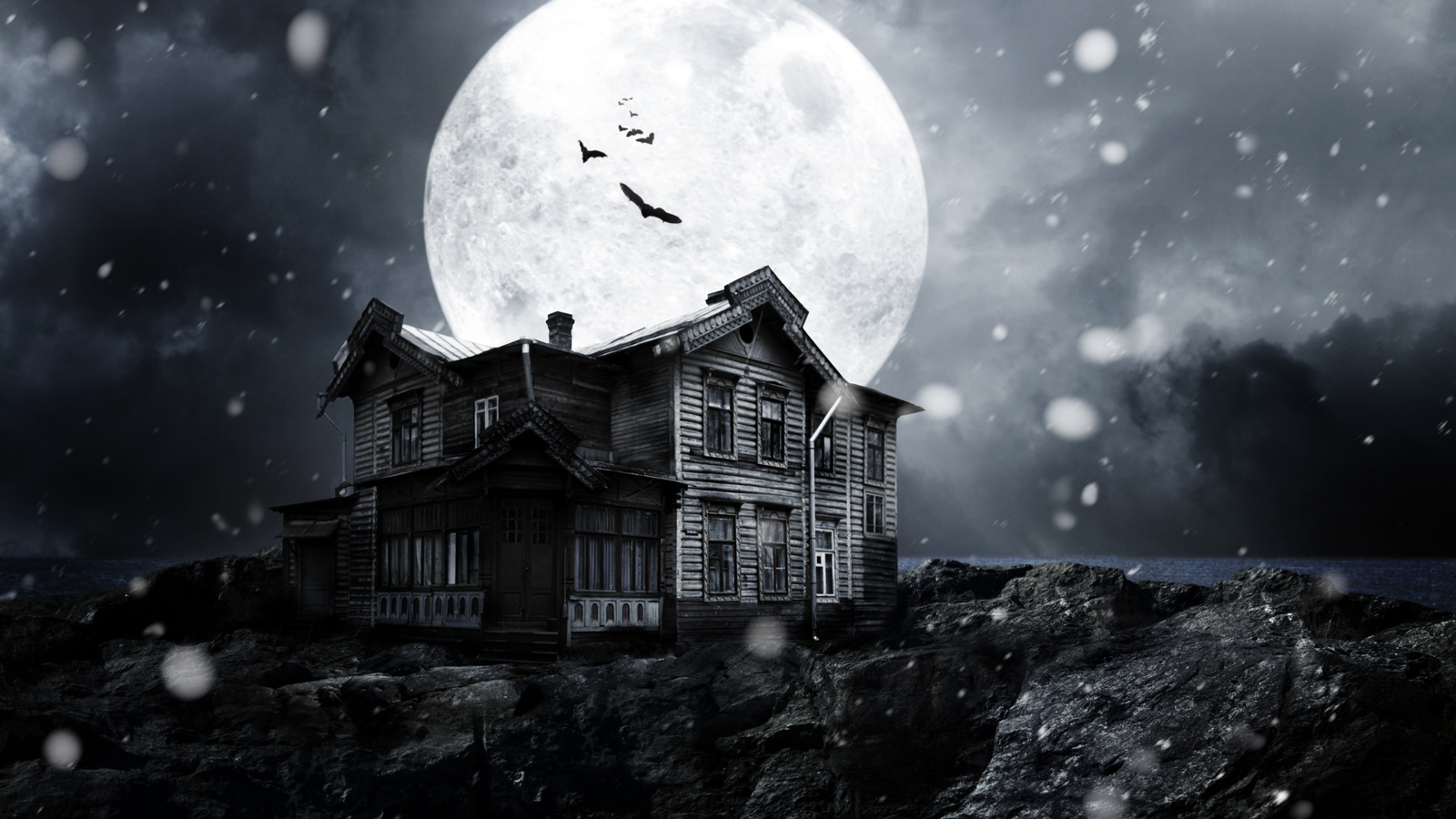 Haunted house, night, full moon, moonlight, bats, midnight, creepy, moon, snow