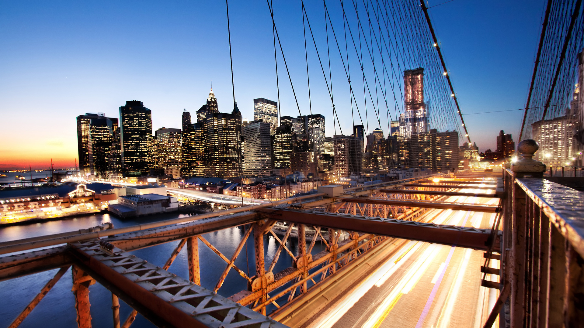 , usa, nyc, New york, -, brooklyn bridge, sunset, financial district