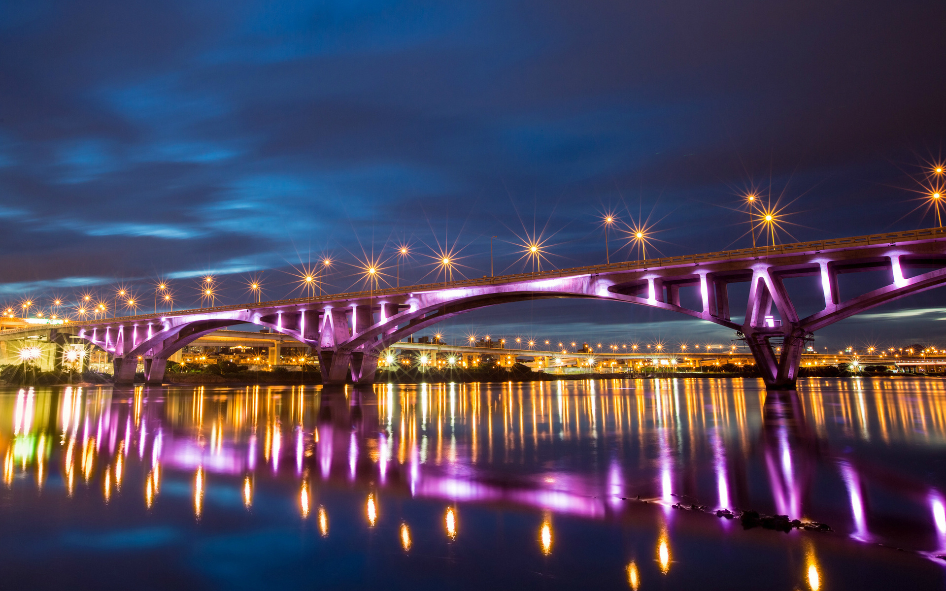 river, city, bridge, taipei, night, reflection, lights, china, taiwan