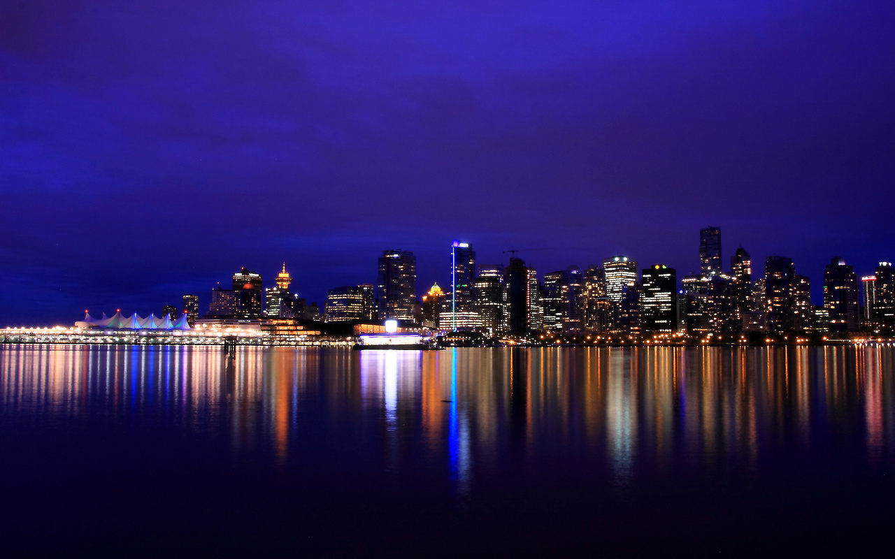 reflection, night city, british columbia, lights, Canada, vancouver, , river