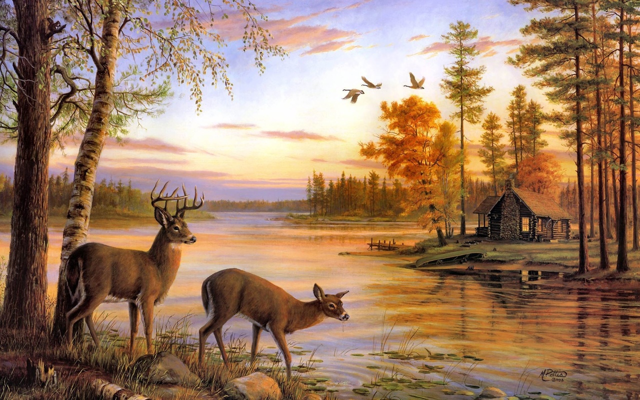 Quiet evening, painting, river, mary pettis, deer, birch, nature