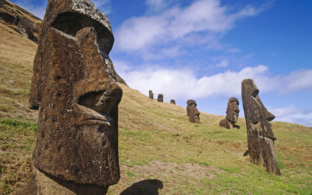 moais at rano raraku quarry, easter island, chile, ,, 