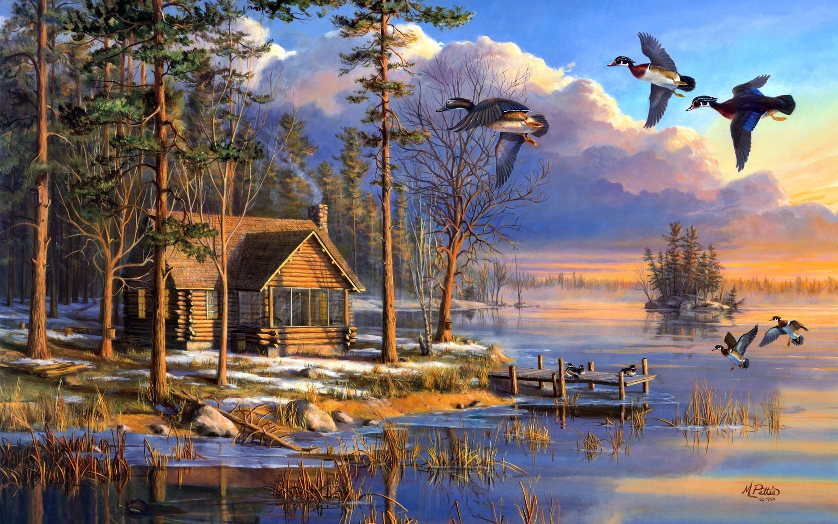 mary pettis, flying, Spring arrivals, sunrise, spring, lake, forest, house, painting, ducks