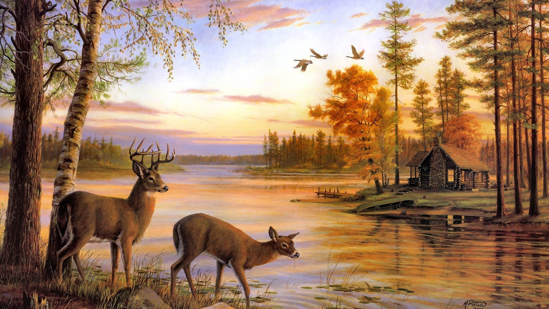 Quiet evening, painting, river, mary pettis, deer, birch, nature