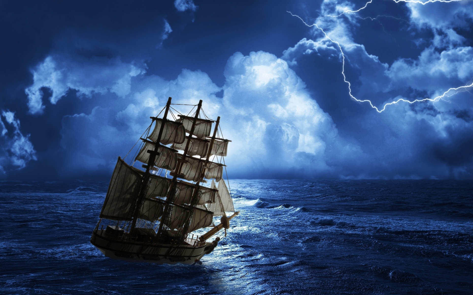 landscape, nature, night, , sea, Ghost ship, clouds, thunder, -, creepy