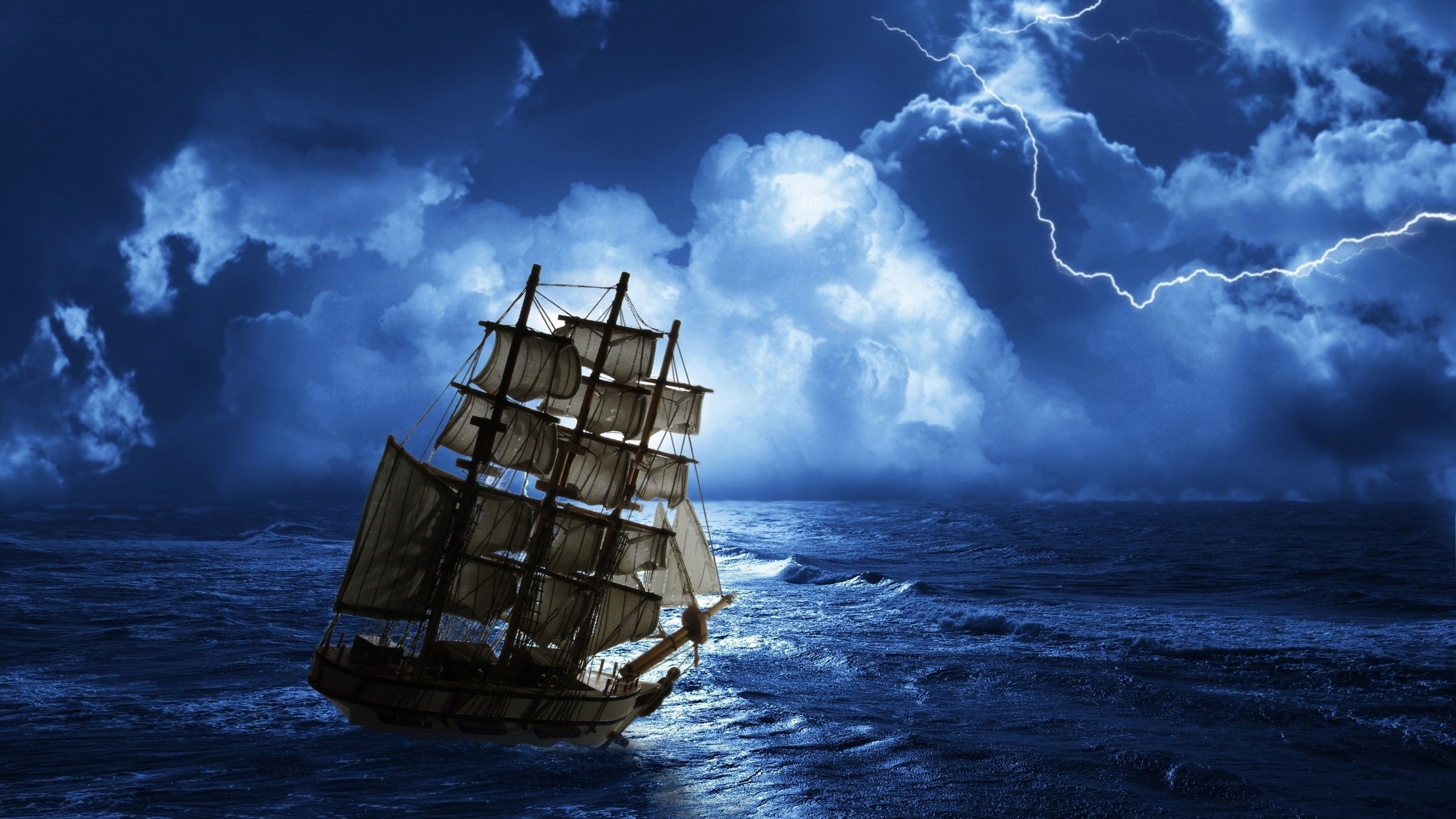 landscape, nature, night, , sea, Ghost ship, clouds, thunder, -, creepy