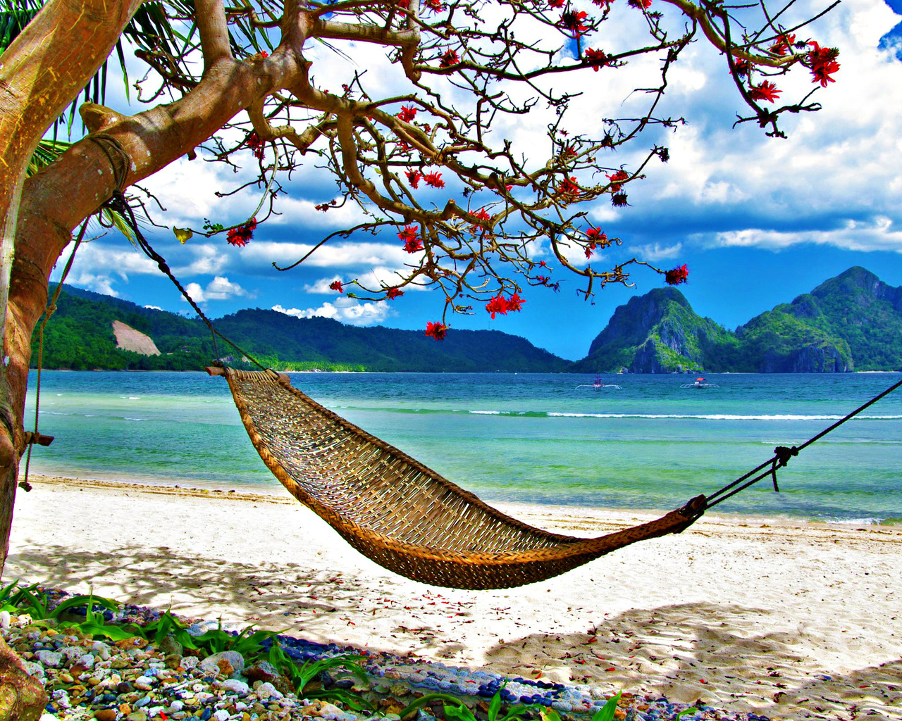 summer, grass, Exotic, clouds, landscape, sky, nature, hammock, ocean, sea, tropical, beach