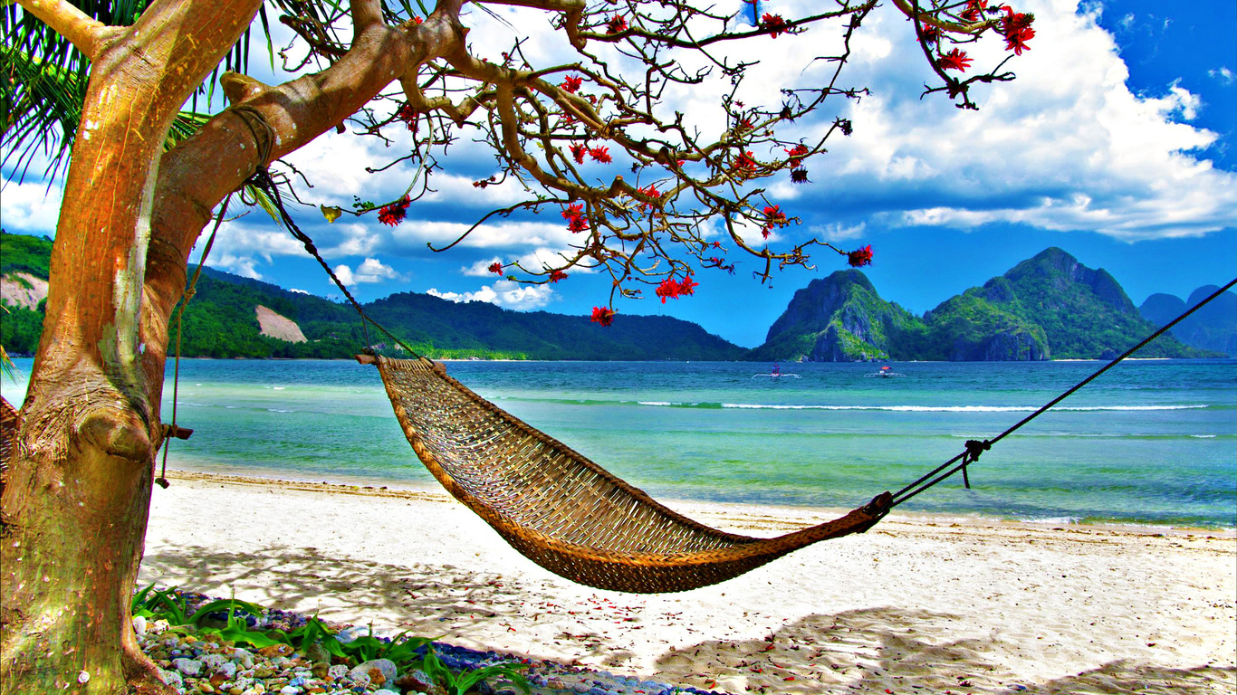 summer, grass, Exotic, clouds, landscape, sky, nature, hammock, ocean, sea, tropical, beach