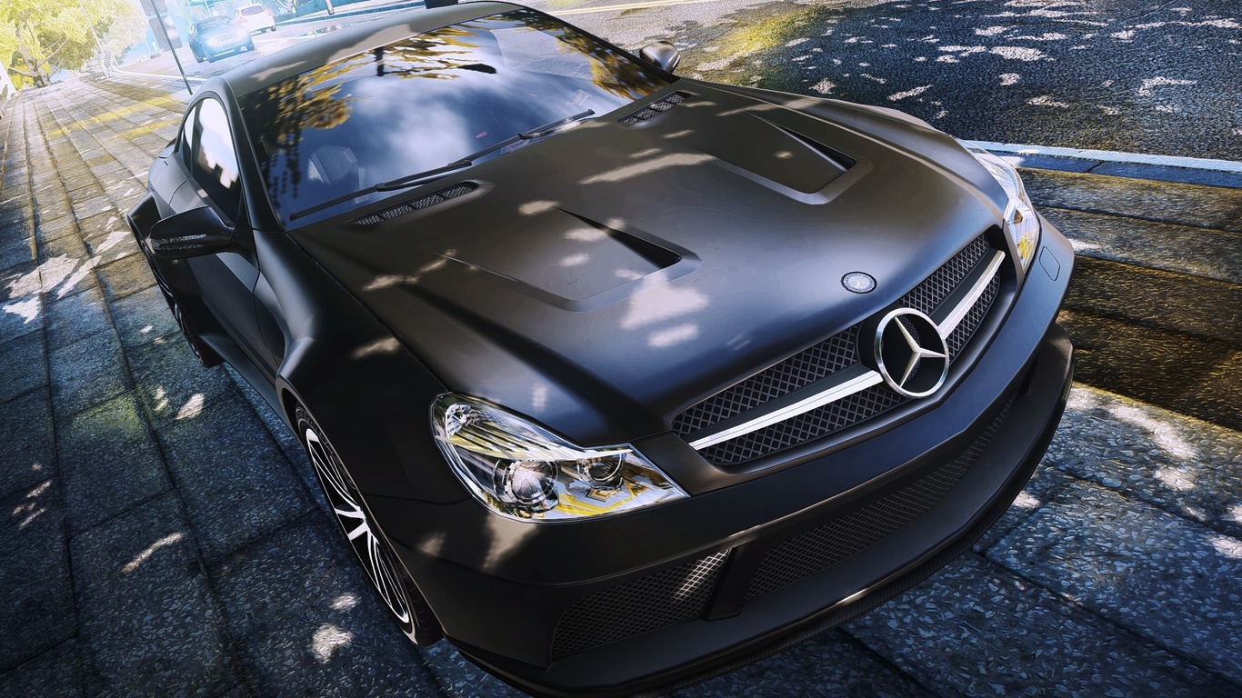 Картинки need for speed most wanted 2, машина, mercedes, benz, sl65, black  series, город, ракурс - обои 1366x768, картинка №51522